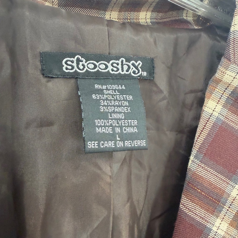 Stooshy Womens Plaid Y2K Short Sleeve Blazer Burgundy Brown Metallic Gold Large - Picture 3 of 12